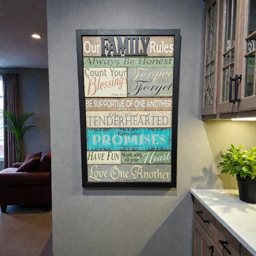 Family Rules Inspirational Wall Art Black Framed Decor Picture Sign